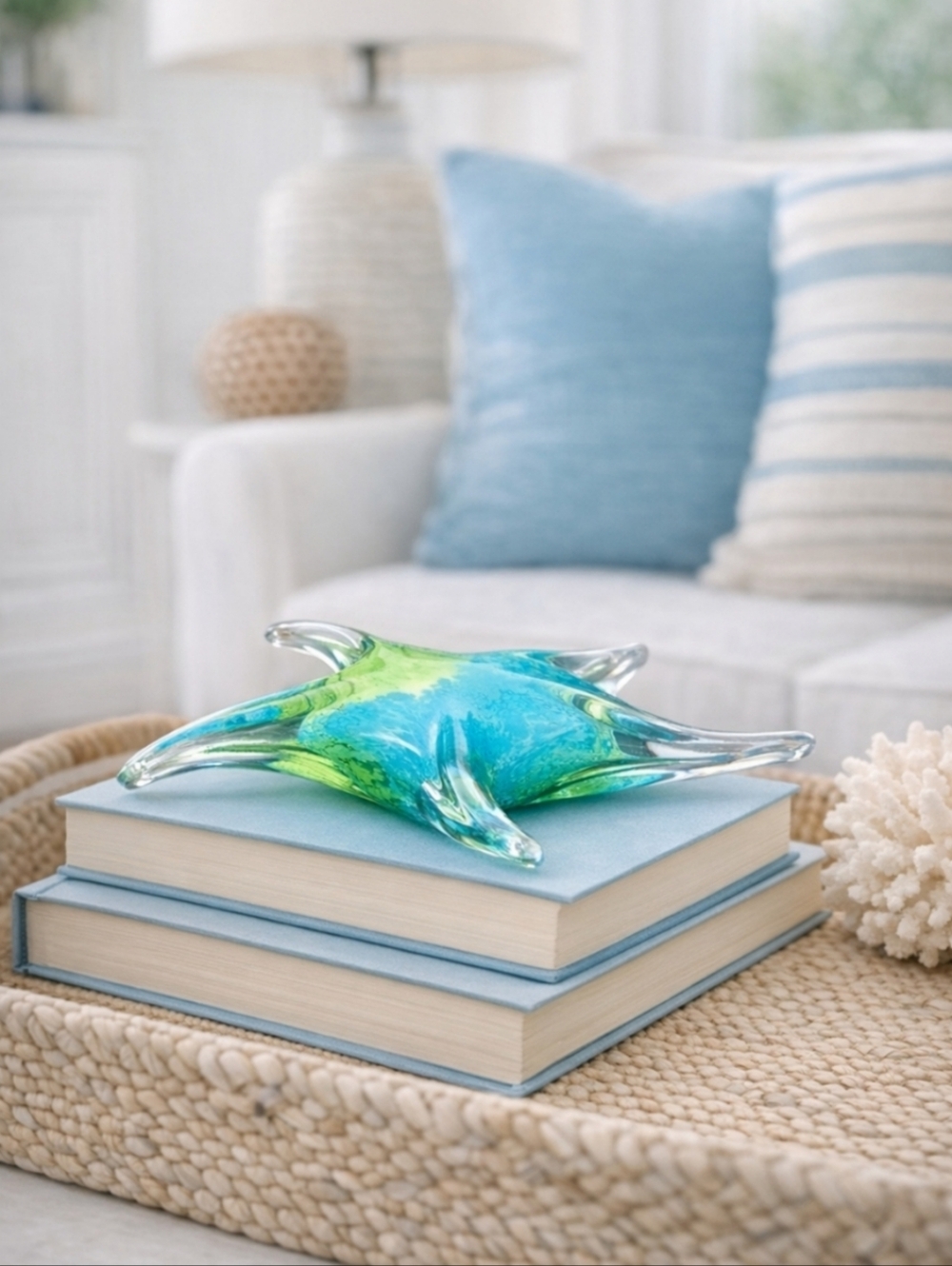 Blue Green Art Glass Starfish Paperweight Textured Coastal Decor